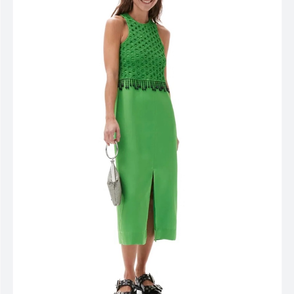 Ganni Smocked Beaded Green Dress